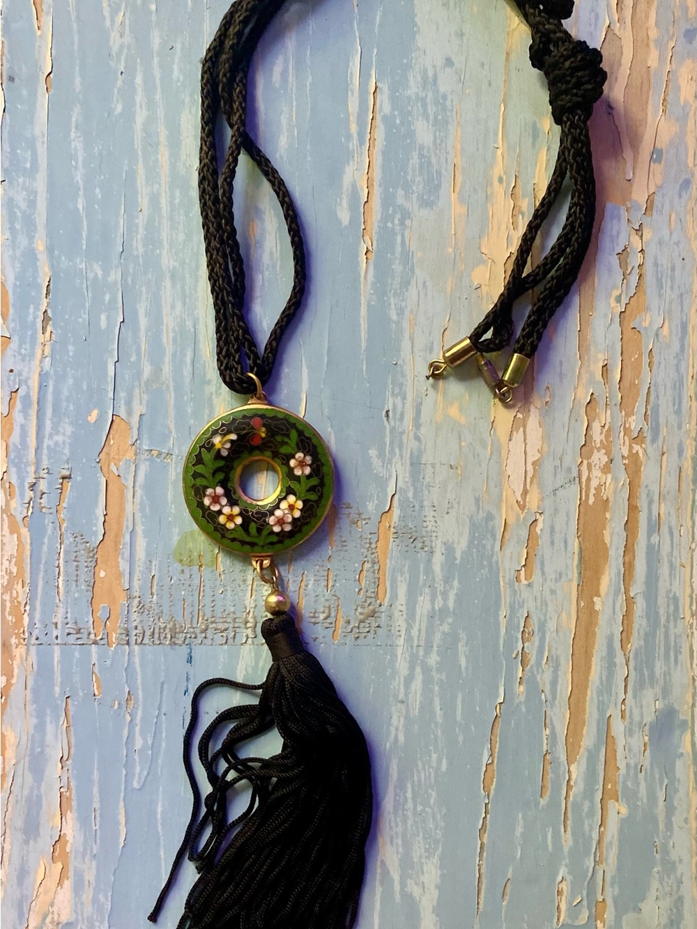 Cloisonne Green Floral Donut Pendant Necklace with Black Tassel
